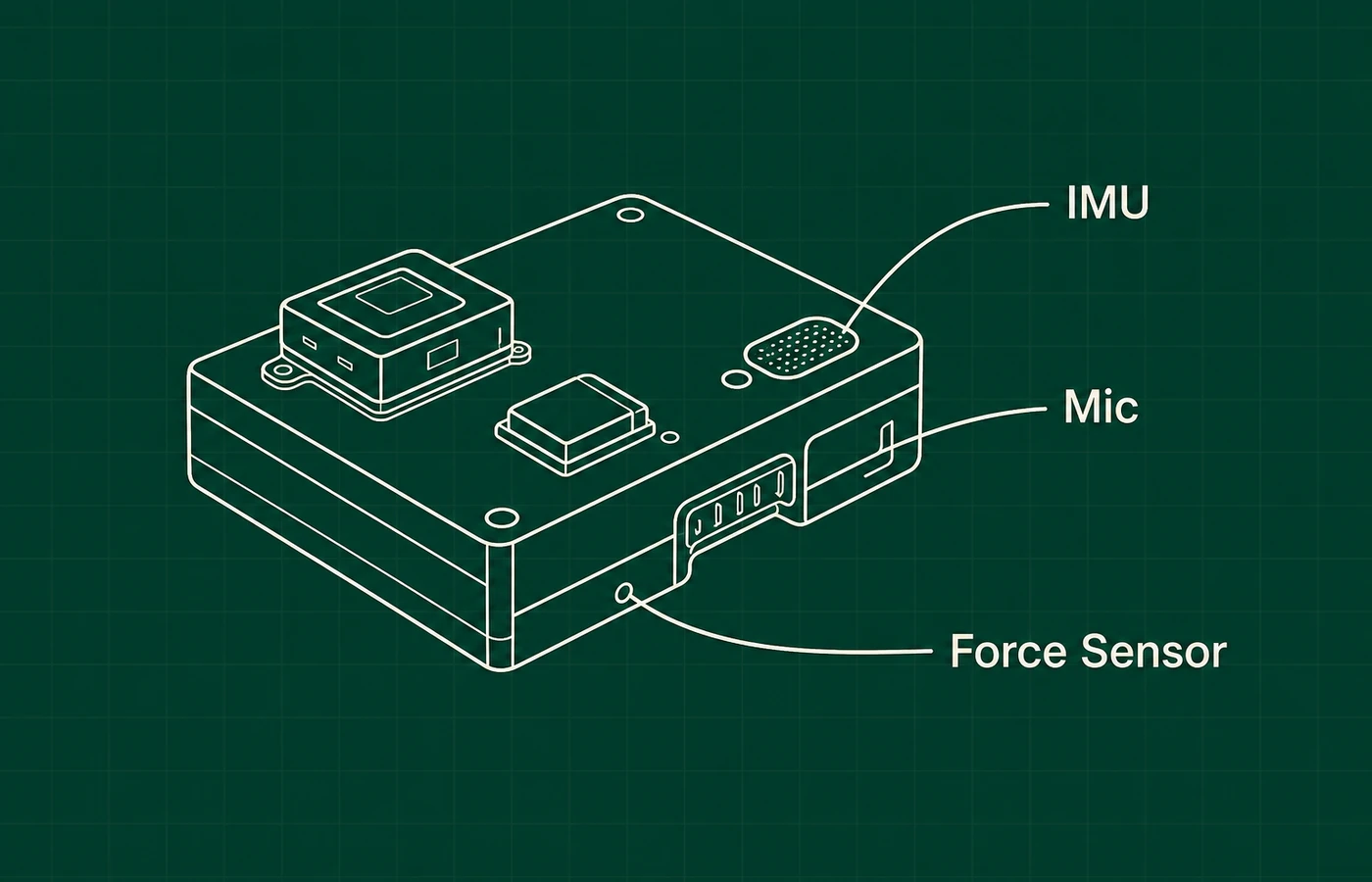 Patent-style line diagram of a compact sensor module labeled IMU, microphone, and force sensor