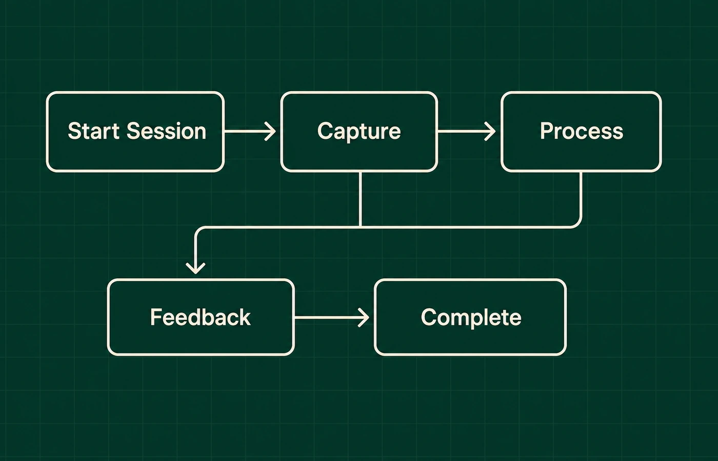 Patent-style line diagram of a start, capture, process, feedback, and complete product workflow