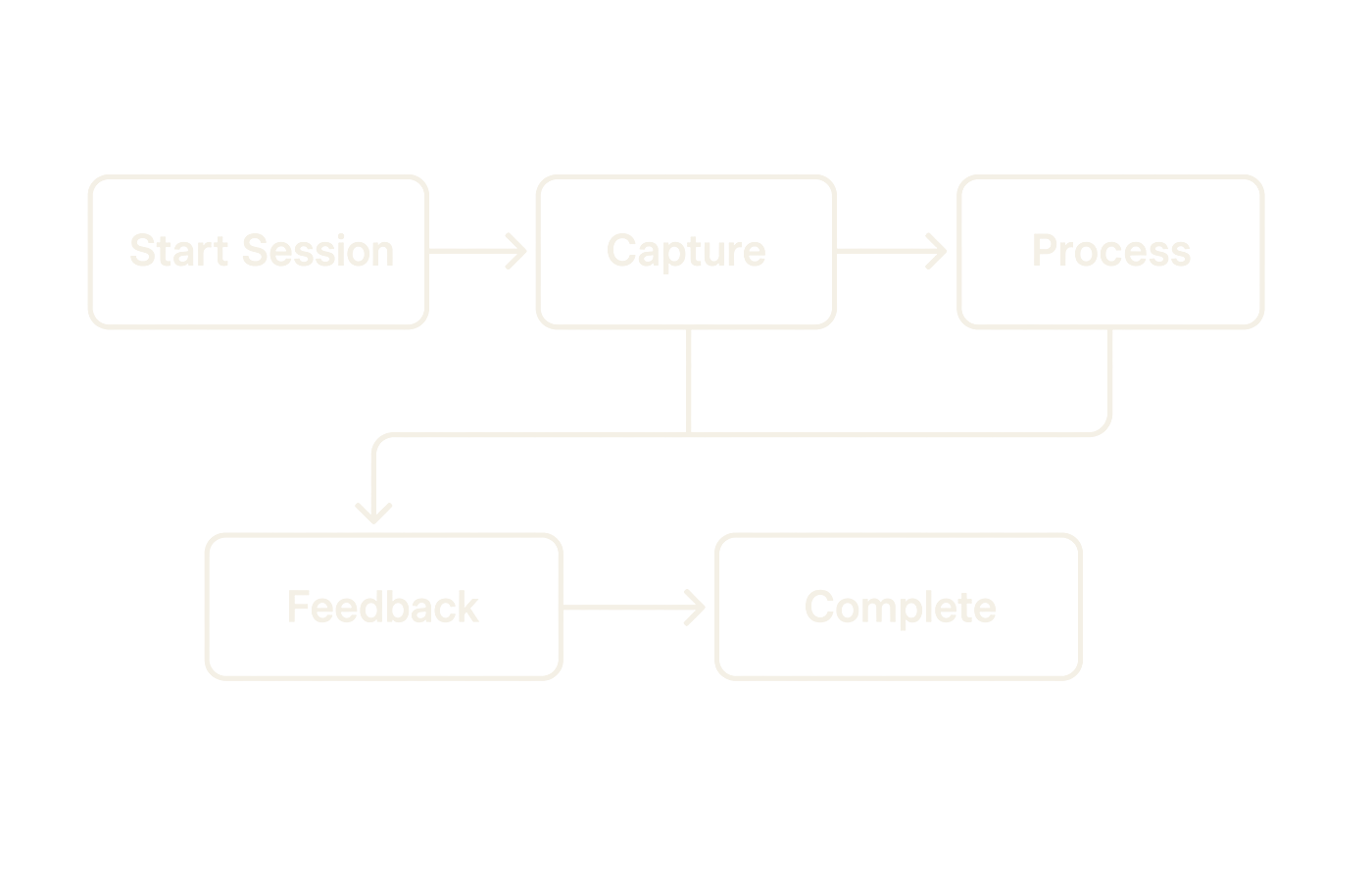 Patent-style line diagram of a start, capture, process, feedback, and complete product workflow