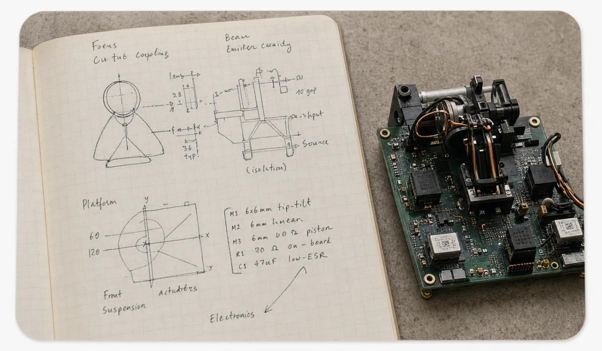 Engineering sketches beside a working electronics prototype
