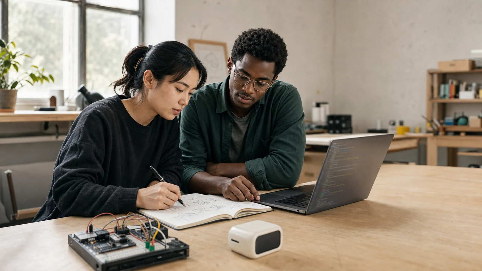 Two startup founders reviewing software, electronic components, and invention sketches together